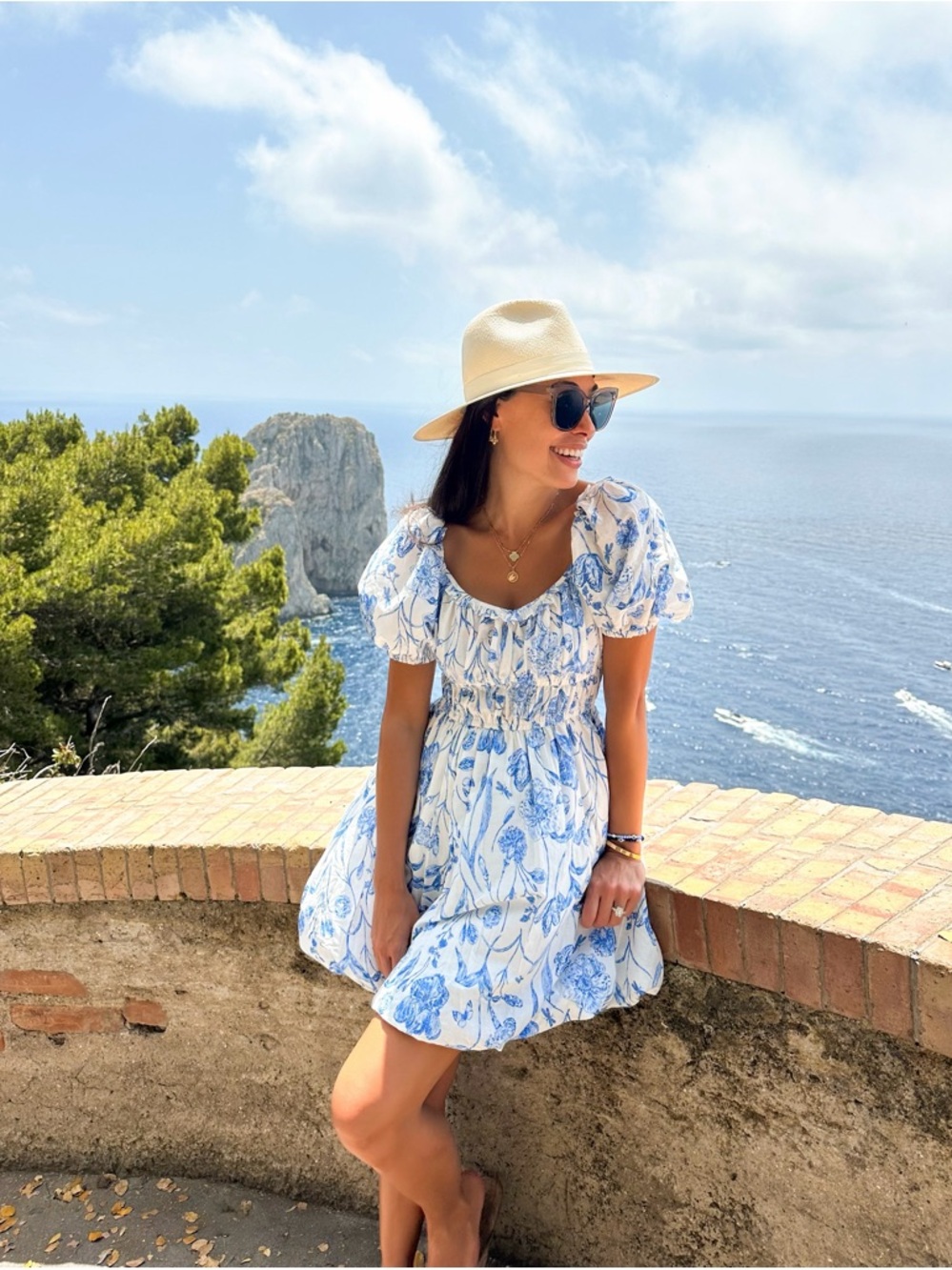 H&M White and Blue Floral Puff-Sleeve Mini Dress